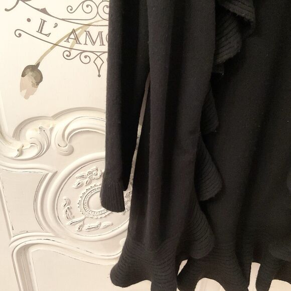 Bloomingdale’s Sweater Women's L Black Cardigan Long Ruffled Wool Cashmere Blend - Picture 7 of 14